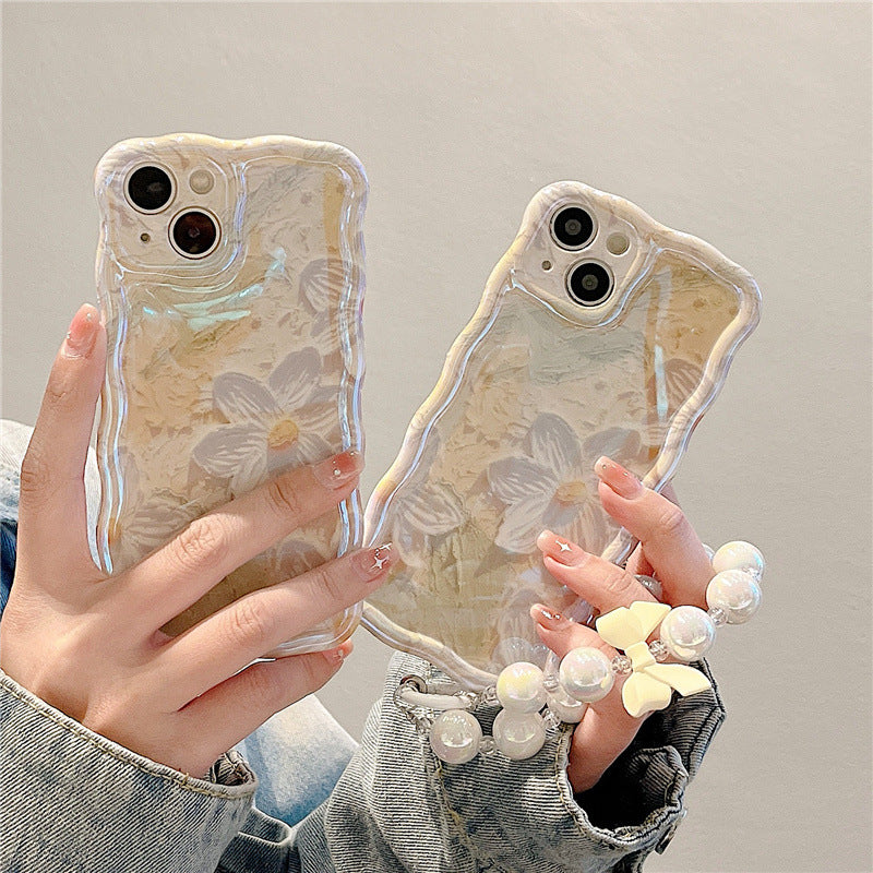 Oil Painting Flowers Shell for iPhone 13 Blu-ray IMD TPU Case Wavy Edge Phone Cover with Pearl Chain Oil Painting Flowers Shell for iPhone 13 Blu-ray IMD TPU Case Wavy Edge Phone Cover with Pearl Chain